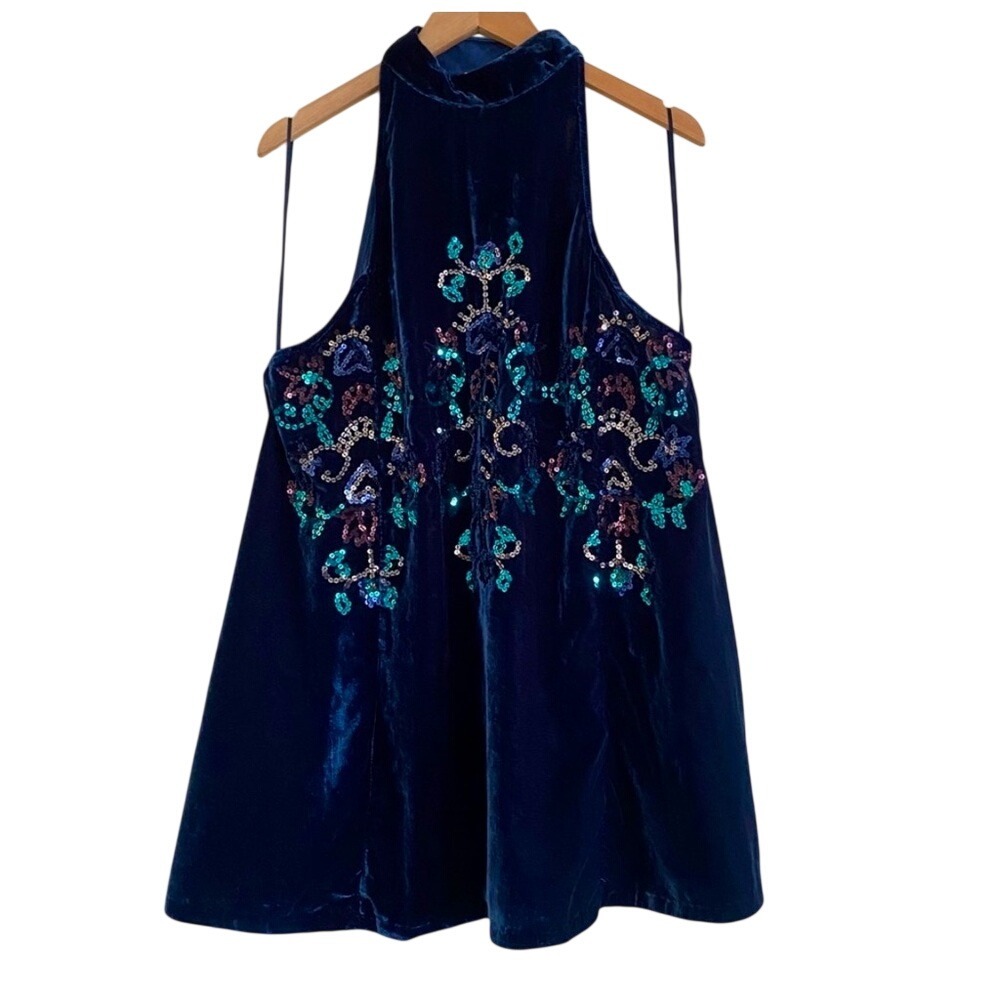 Free People Blue Velvet Sequin Boho Mock Neck Mini Dress Size S Whinsigoth - Picture 3 of 13